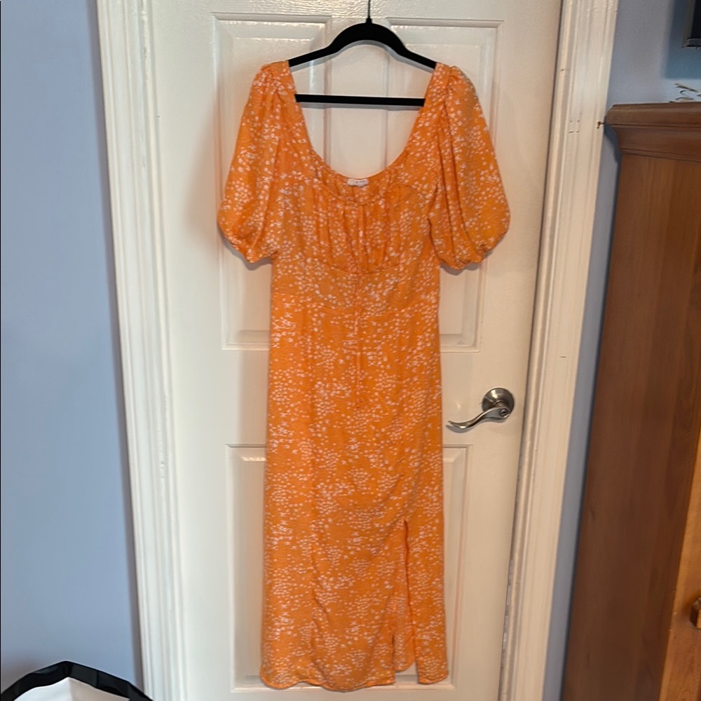 Sienna Sky Orange Ruched Puff Sleeve Maxi Dress
